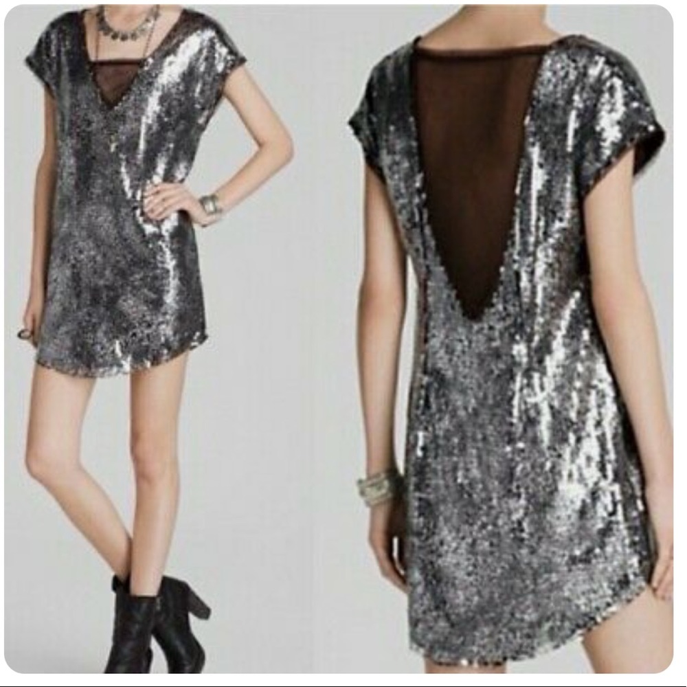 Free People Midnight Dreamer Silver Sequins & Brown Mesh Tunic Mini Dress XS NWT